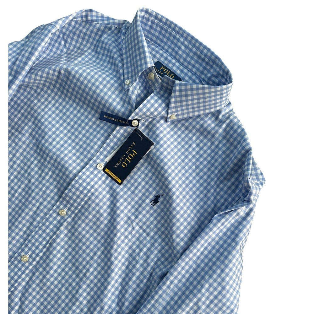 Polo Ralph Lauren Performance Button Up Shirt Gingham Blue Striped Men's Size L - Picture 2 of 8